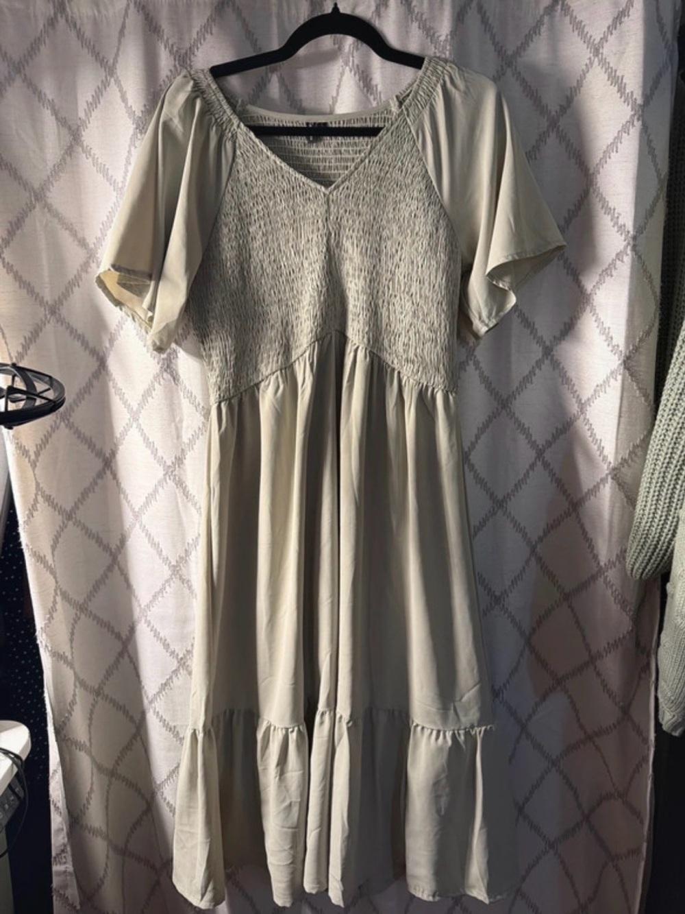 Smocked V-Neck Midi Dress in Sage Green